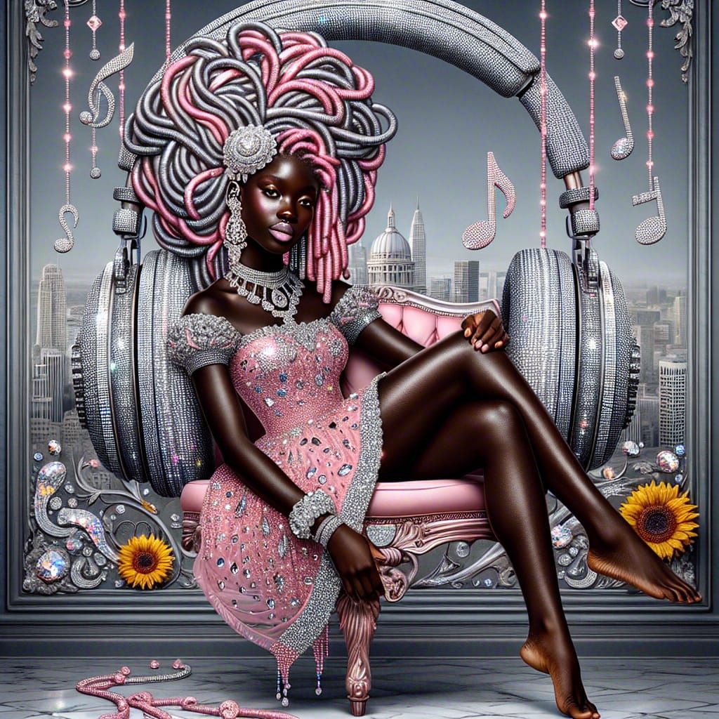Baroque African American Woman with Diamond Headphones