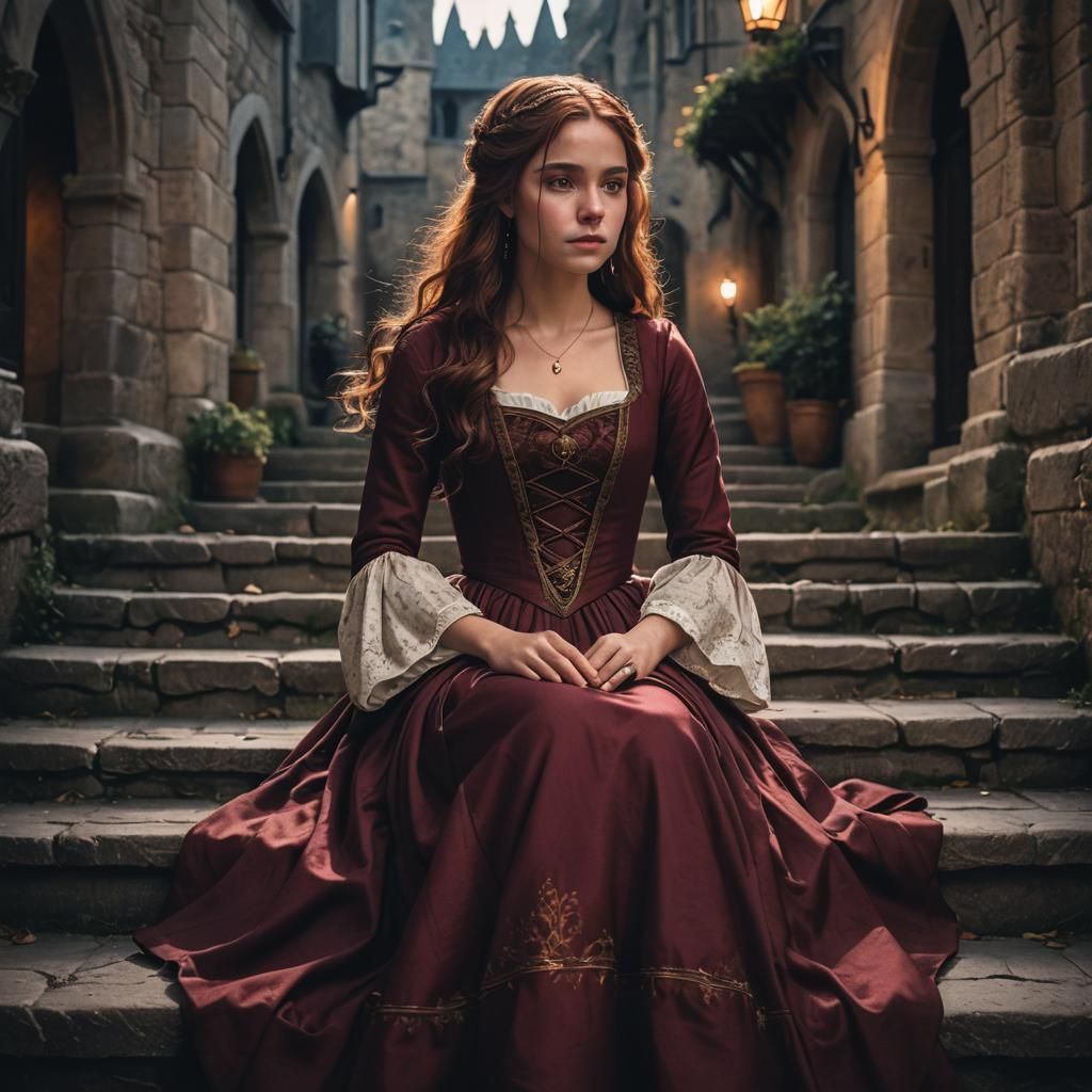 Medieval Woman in Maroon Dress Glowing at Night