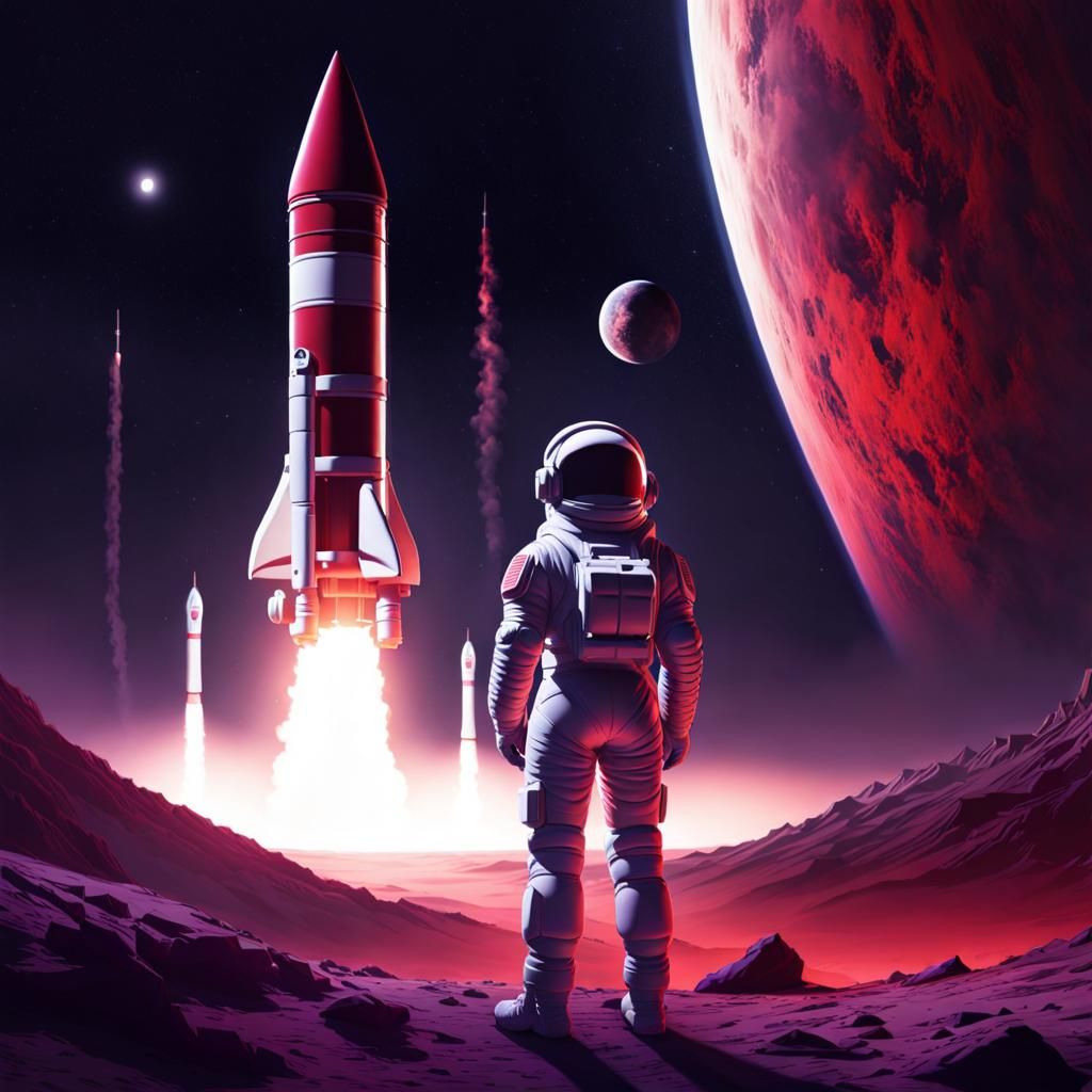 Girl Astronaut Watches Rocket Launch in Monochromatic Art