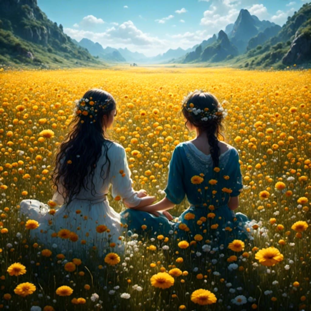 Two sisters sitting in a field