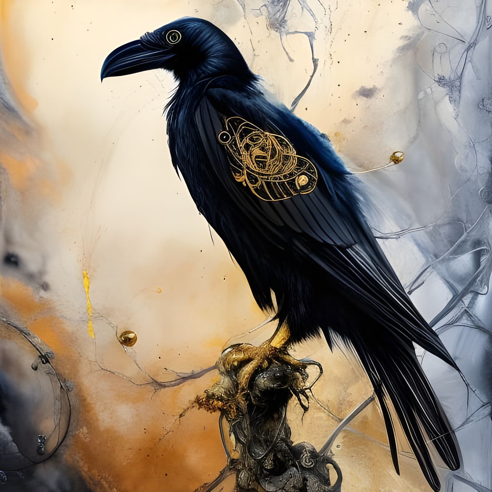 Gilded Raven: Intricate Gouache Painting in Gold Ink