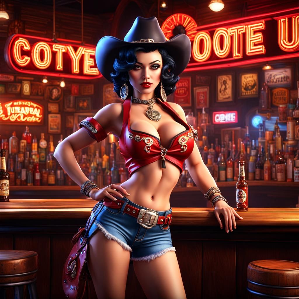 Betty Boop wearing naughty revealing cowgirl outfit at the famous coyote ugly bar , ultra detailed fantasy, bright, colo...