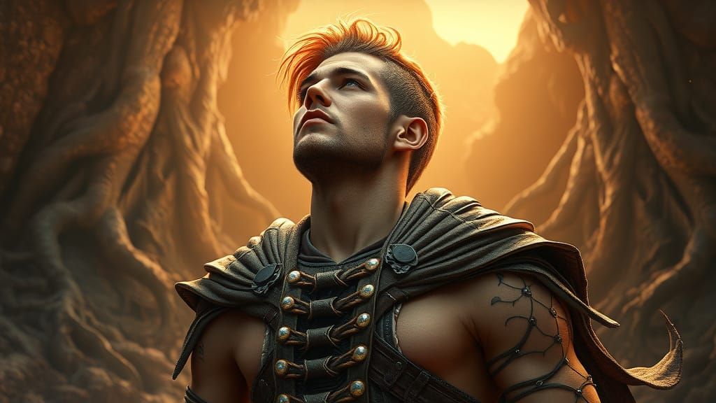 Heroic Warrior in Earthy, Golden Light, Fantasy Attire