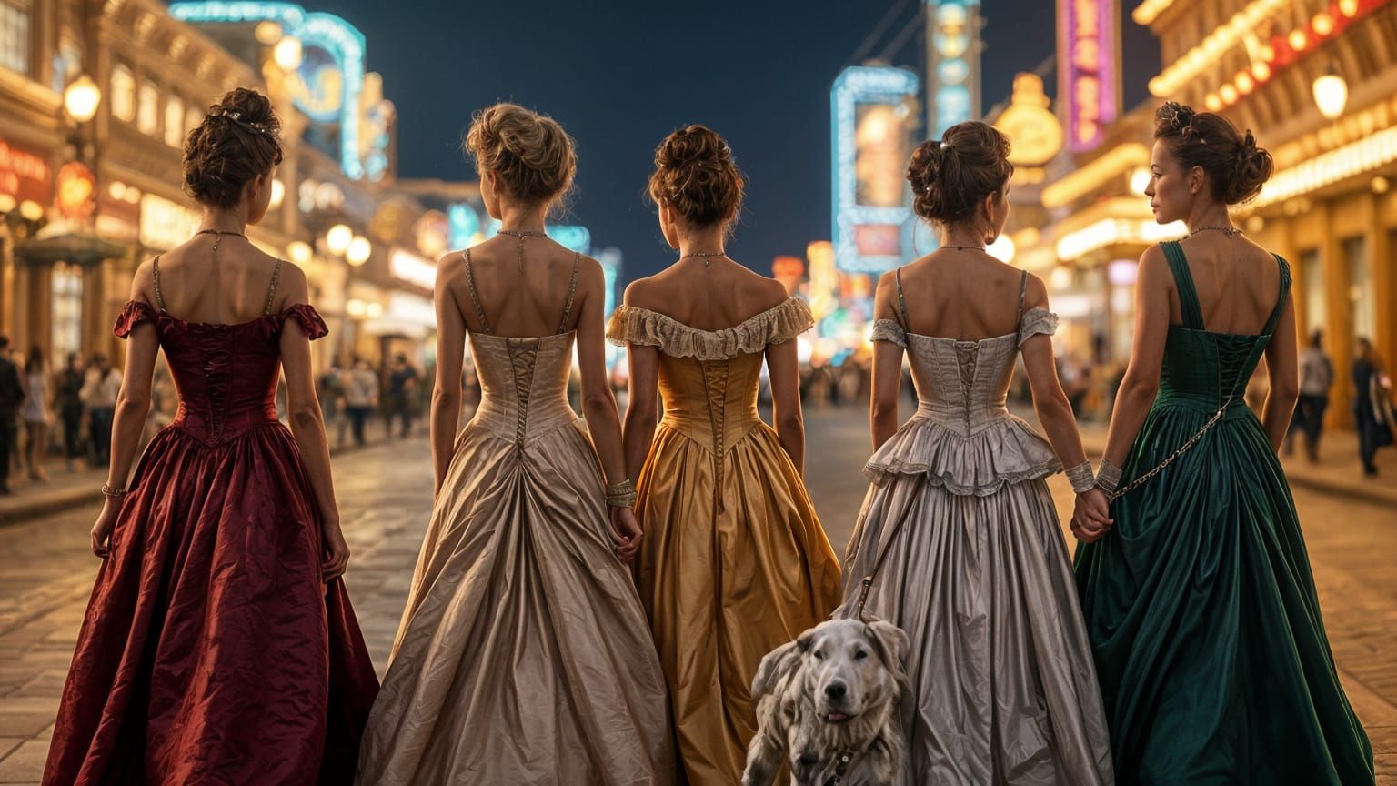 Elegant Victorian Ladies Stroll the Las Vegas Strip at Night
