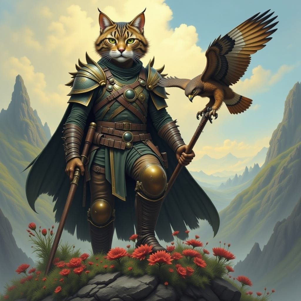 Cat Warrior and Falcon Companion Ready for Battle