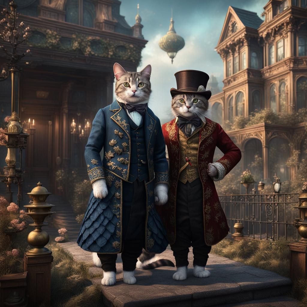 Victorian Cat Couple: Detailed Matte Painting