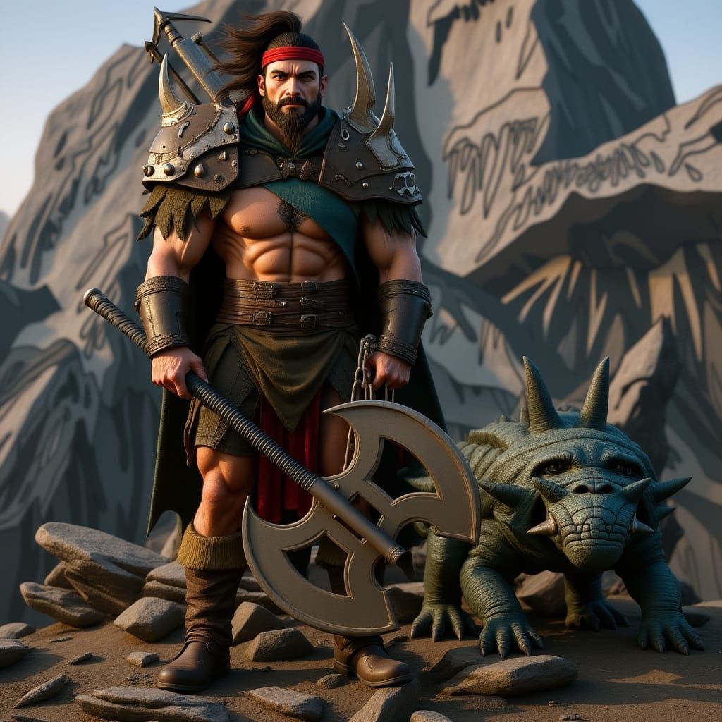 Barbarian and Dinosaur on Mountain, Realistic 3D Rendering