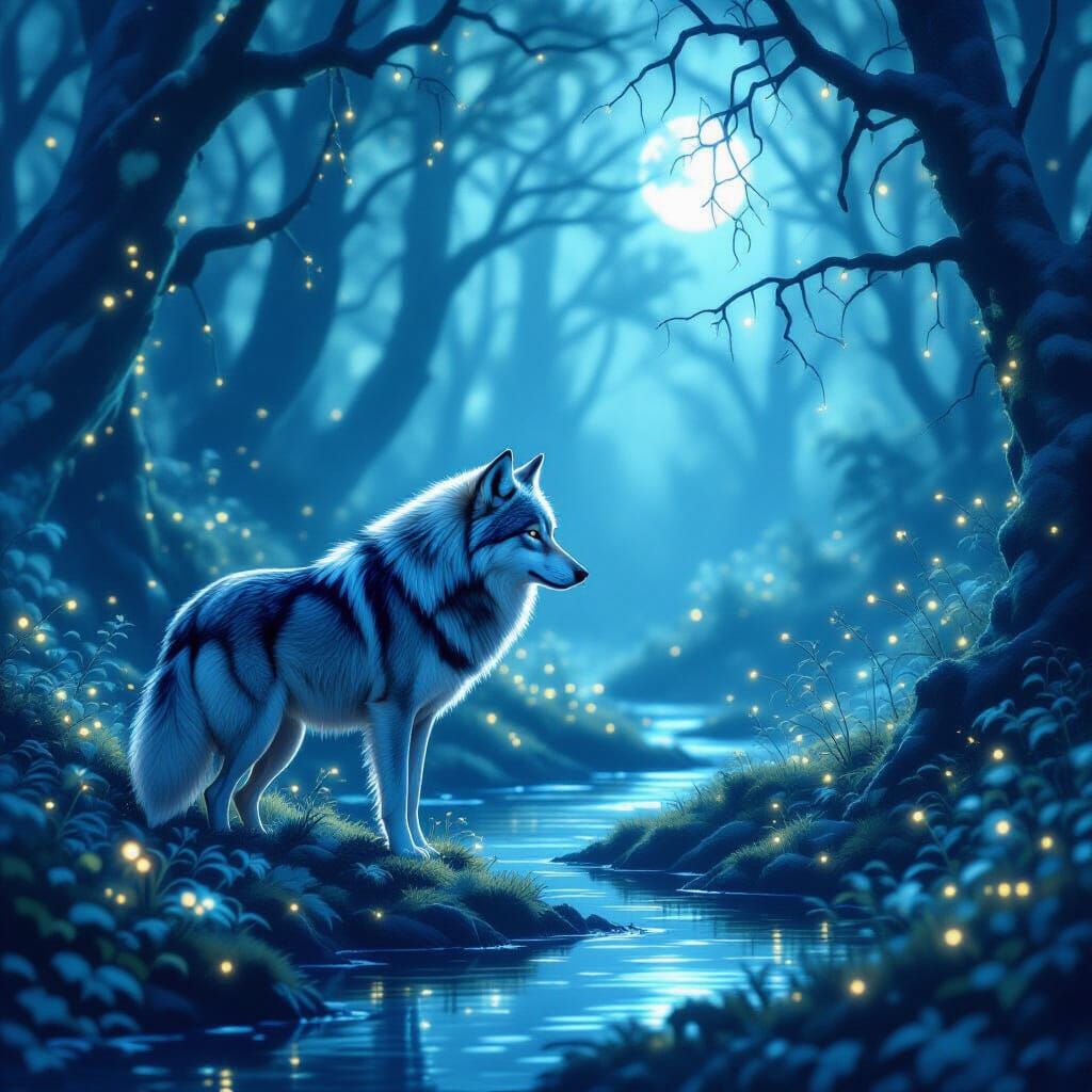 Majestic Moonlit Wolf in Enchanted Forest