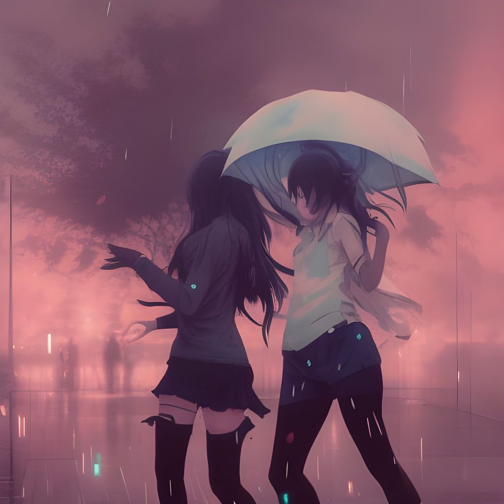 Two girls walking in the rain.