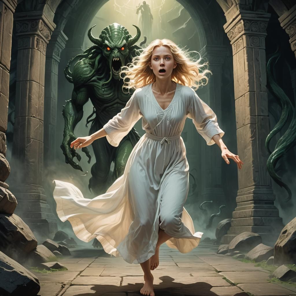 Girl Running from Cthulhu in Stone Temple