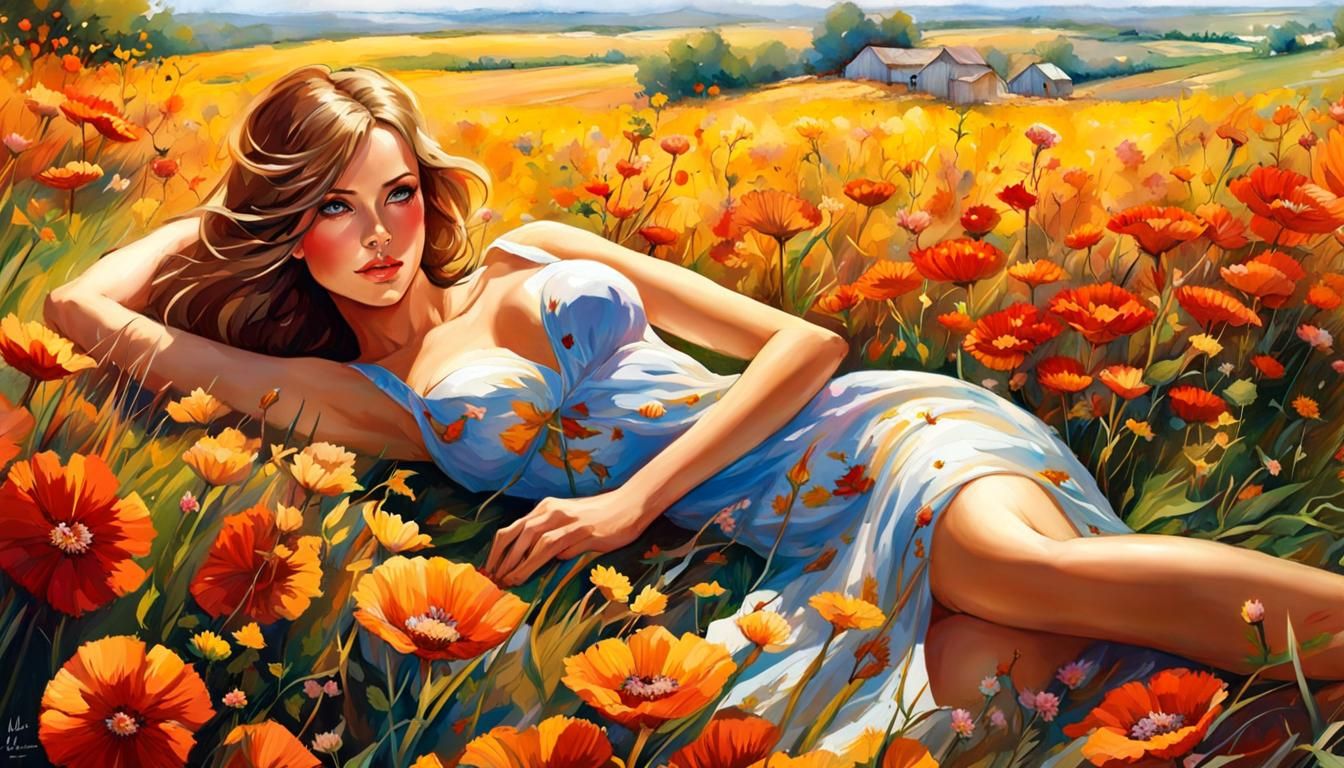 Woman in Floral Field: Hyperrealistic Illustration