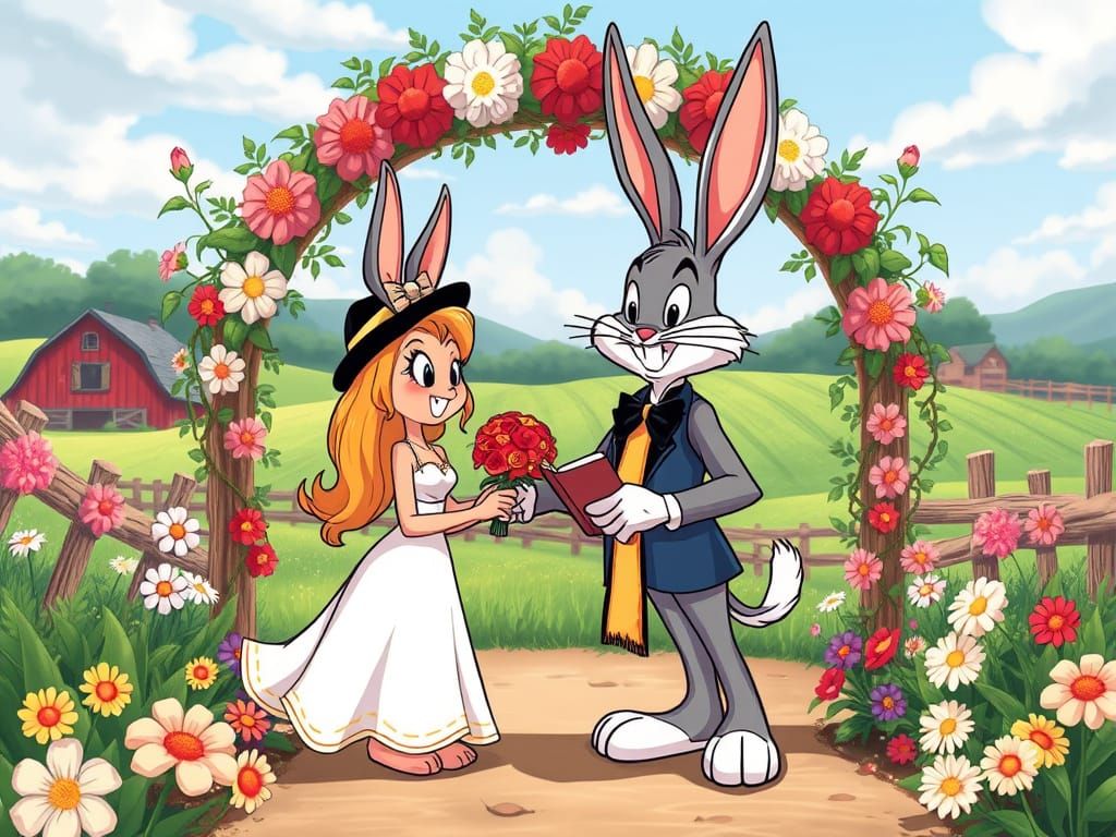 Cartoon Couple's Country Wedding in a Realistic Style