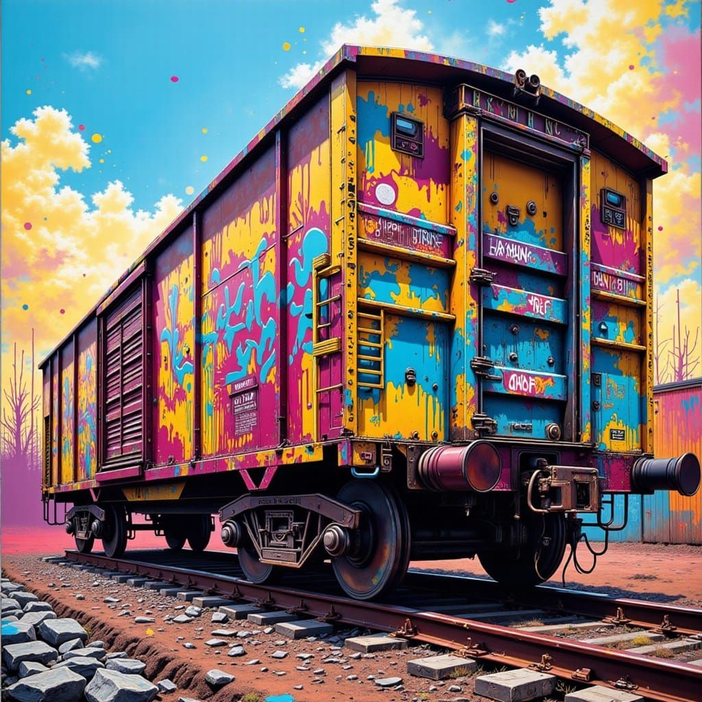 Graffiti-Covered Railroad Car in Splash Art Style