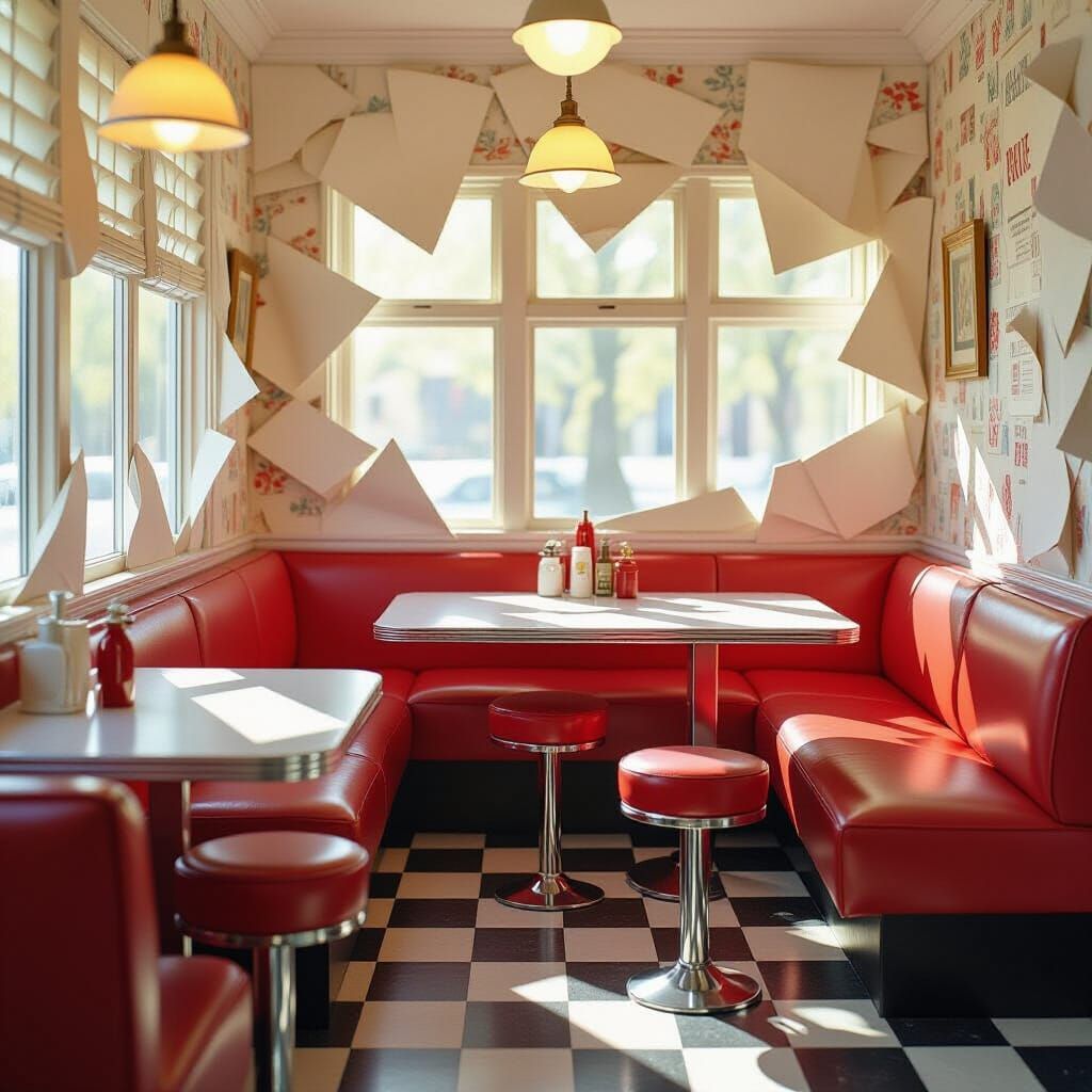 Crumpled Paper Diner Scene as Detailed Illustration