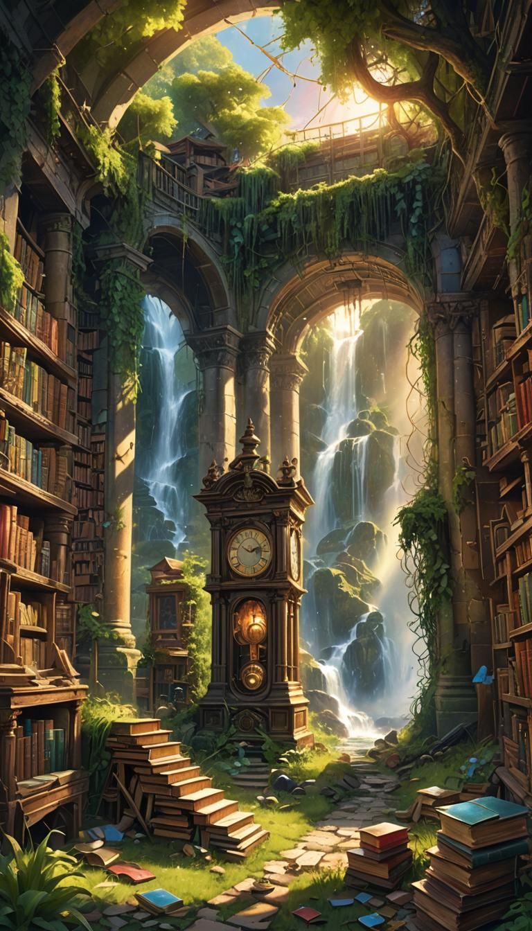 Post-Apocalyptic Library Wonderland with Rainbow