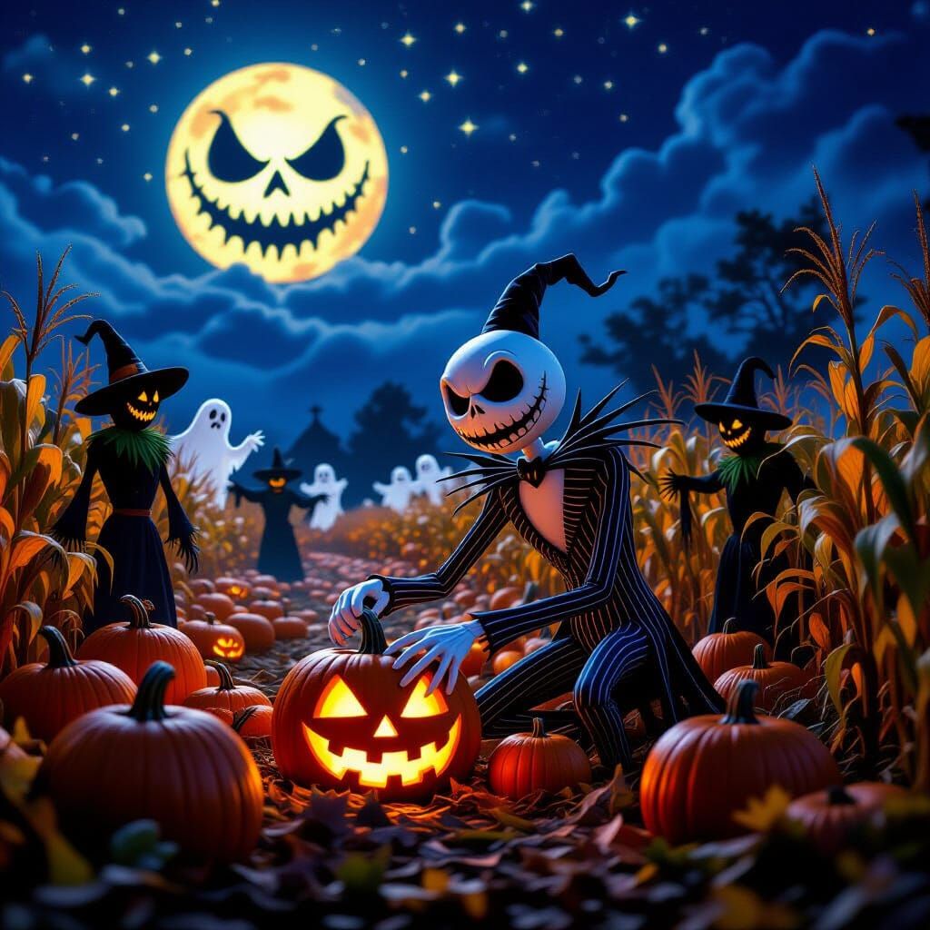 Jack Skellington Harvests Pumpkins Under Oogie Boogie Moon
