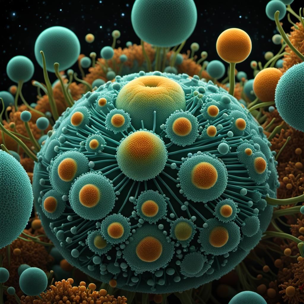 Bioluminescent Amoebas in Cracked Glass Ball, Detailed Illus...