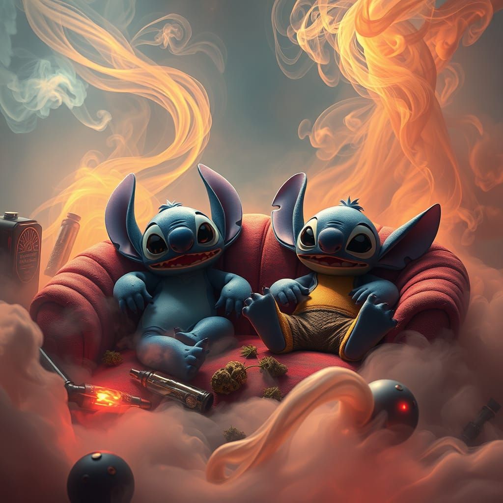 Stitch and Sully in Whimsical Smoke Clouds