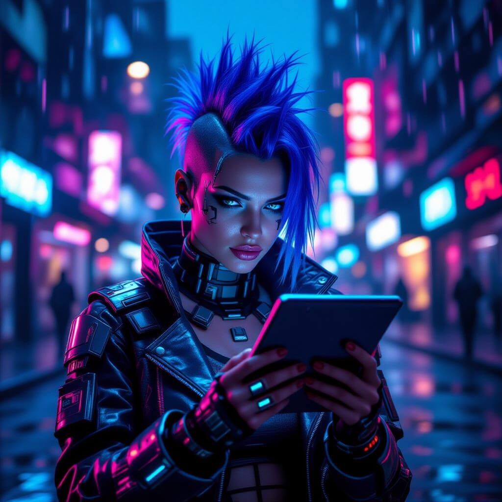 Cyberpunk Woman with Blue Mohawk on Tablet
