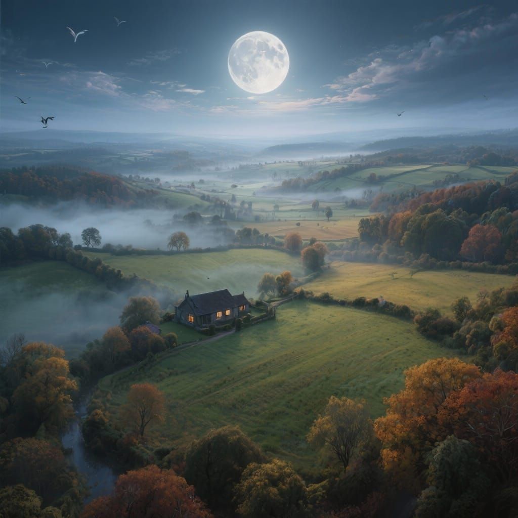 Misty Autumn Moonrise Over English Countryside
