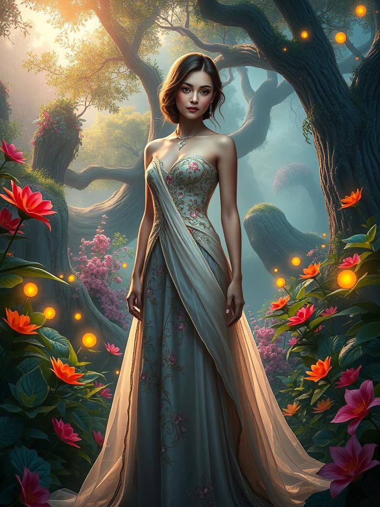 Elegant Woman in Floral Gown in Dreamlike Garden