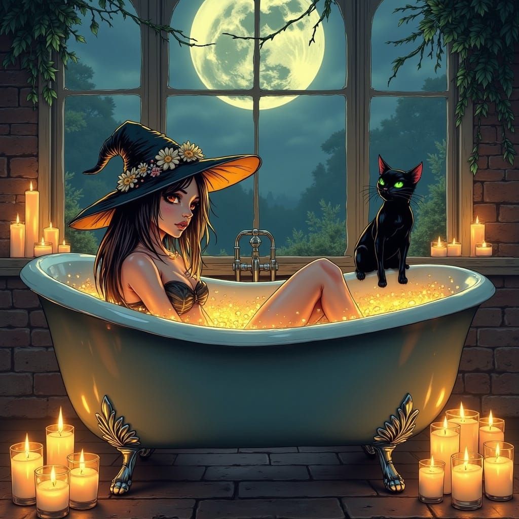 Whimsical Witch's Soaking Moment in a Celestial Tub