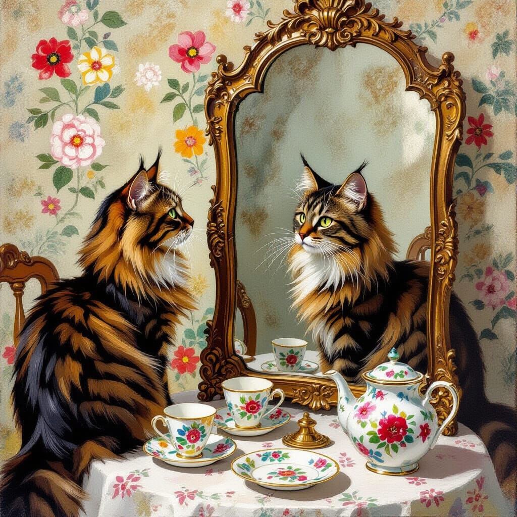 Cats in Art Nouveau Mirror Reflection