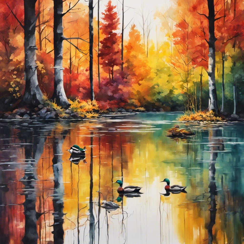 Autumn Lake in Woods as Graffiti Art