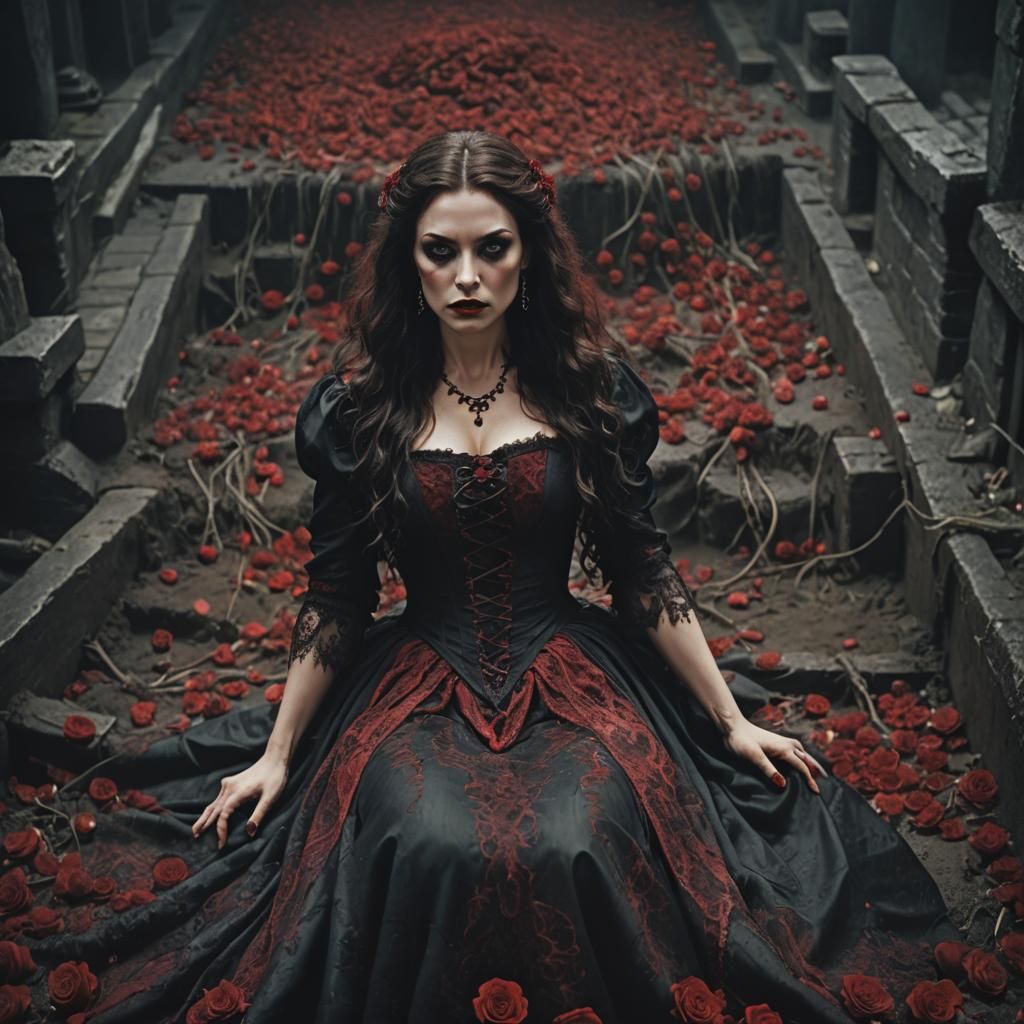 Gothic Witch in Blood Pit: Cinematic Film Still