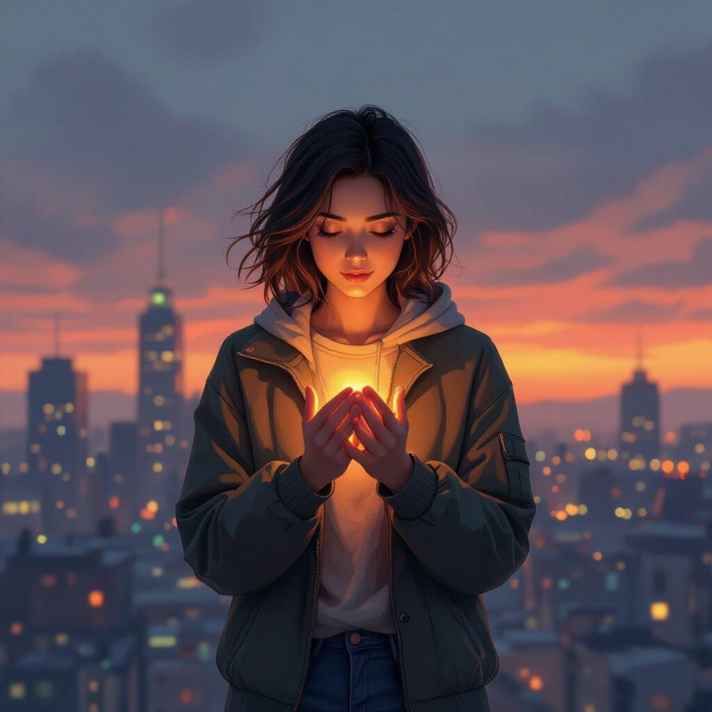 Person in Cityscape at Dusk with Warm Glow