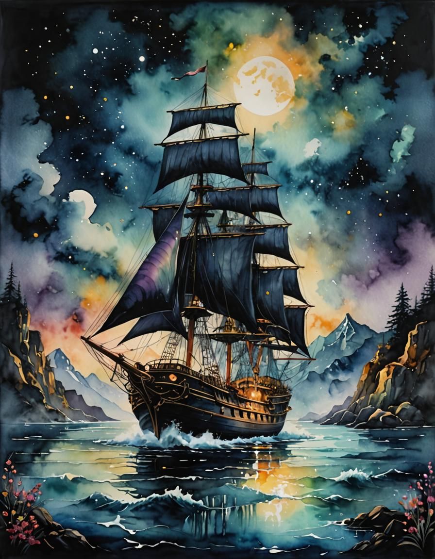 Watercolor Fantasy: Jeweled Sailboat in Stormy Seas