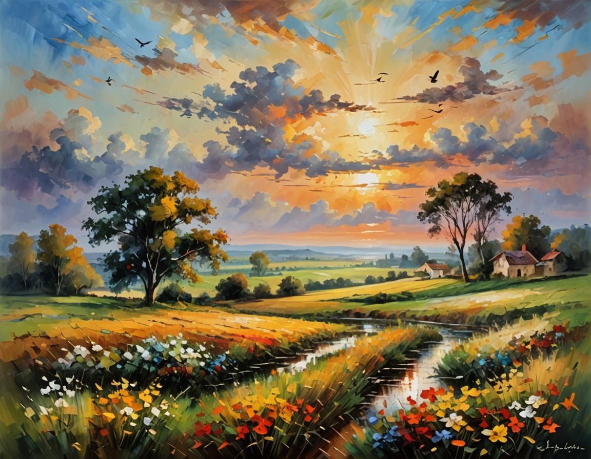 Golden Hour Rural Landscape in Impressionistic Style