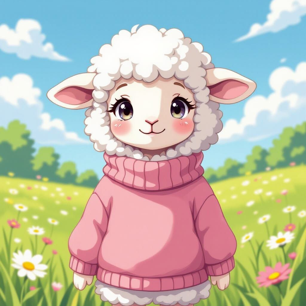 Anime Lamb in Pastel Meadow