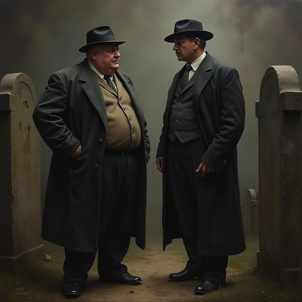 1920s Men Converse in Moody Graveyard Oil Painting