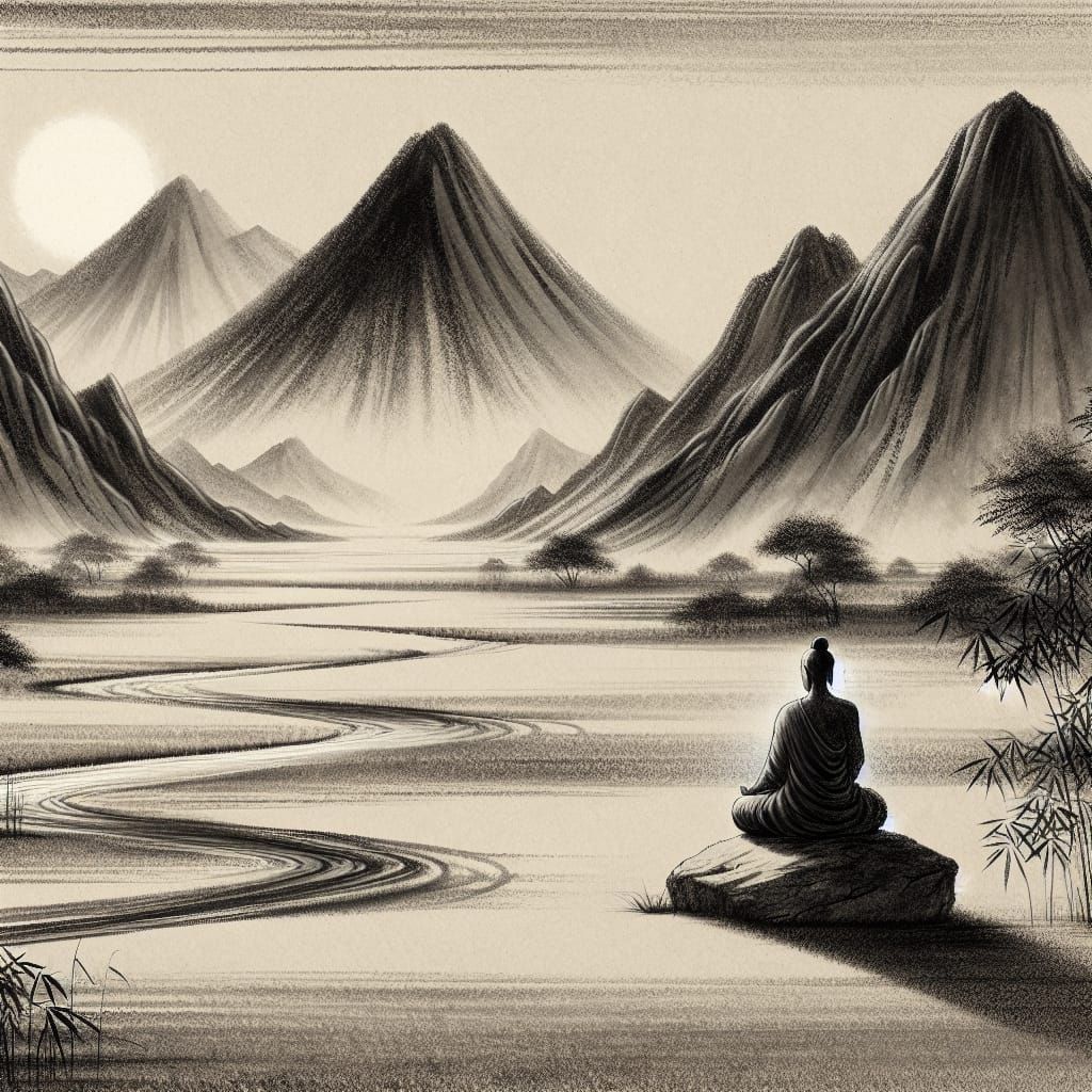 Meditating Figure in Minimalist Charcoal Landscape