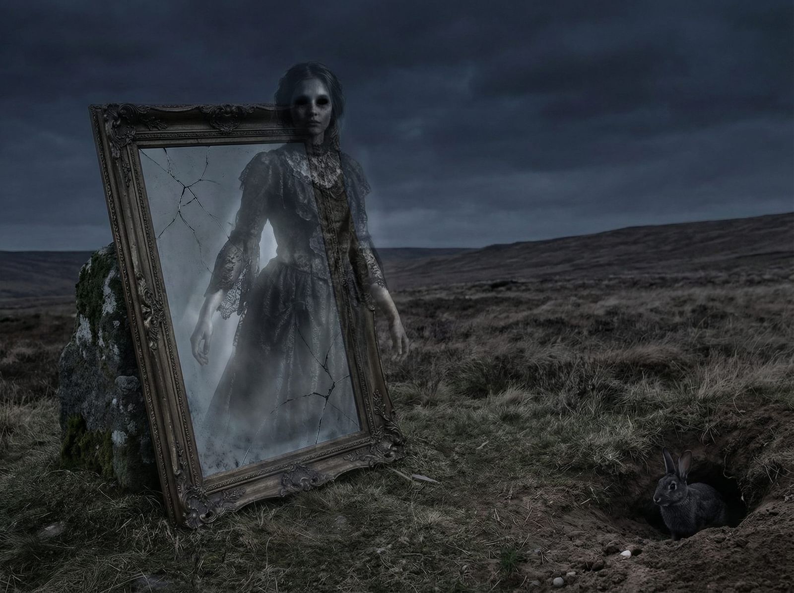 Spectral Victorian Ghost Emerges from Antique Mirror on Moor...