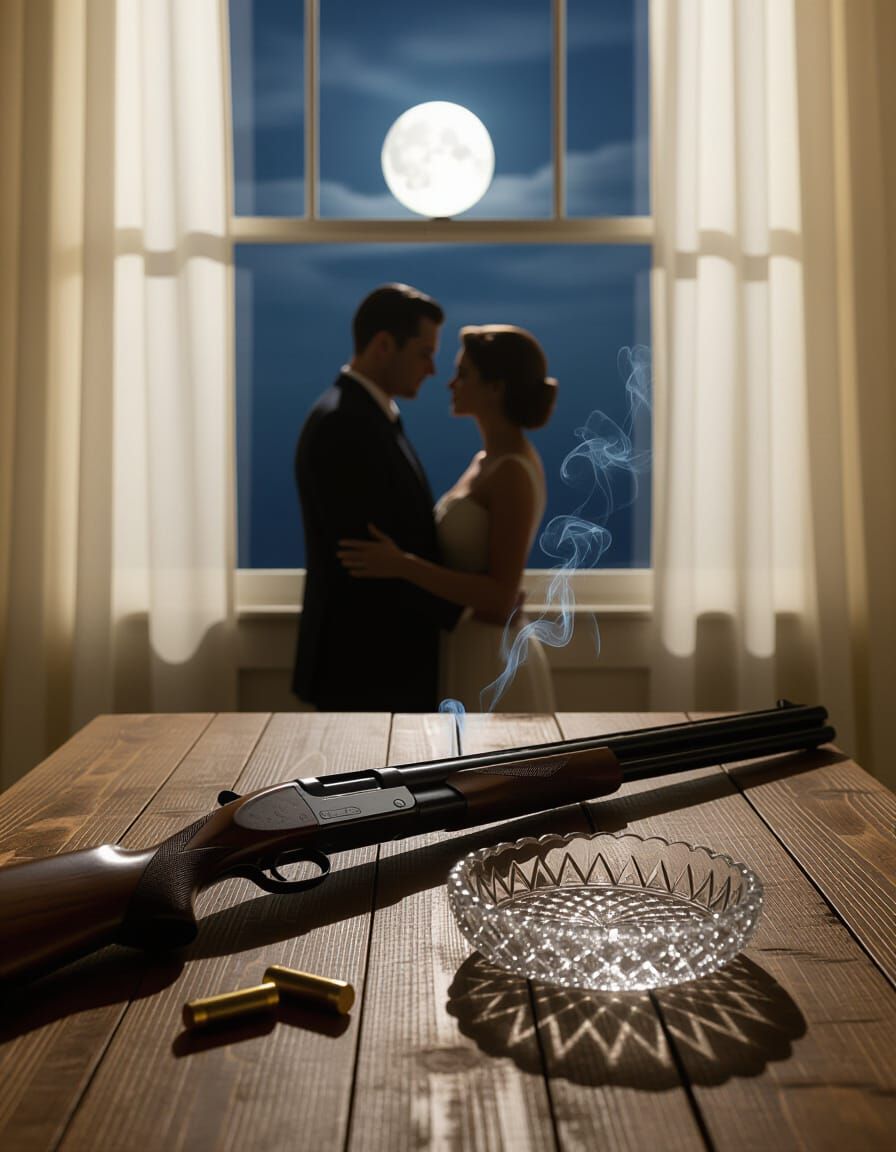 Noir Shotgun Scene with Silhouetted Couple