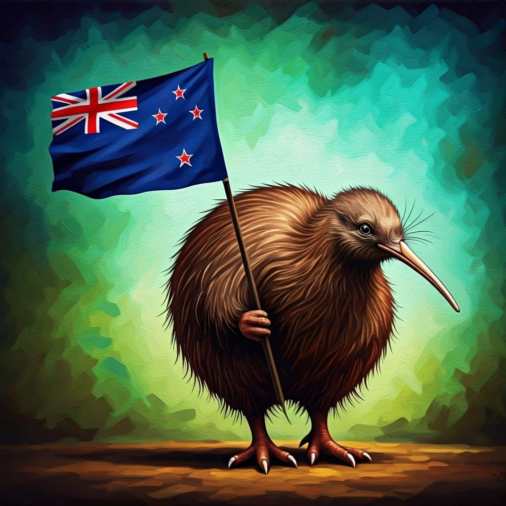 Kiwi bird waving a New Zealand flag