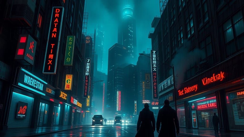 gritty tech-noir cityscape at night