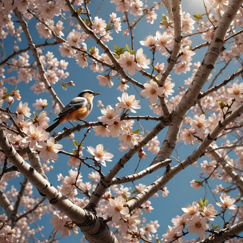 Blossom Tree and Bird as Digital Art