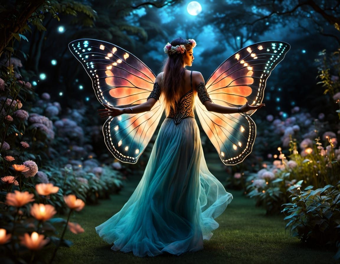 Mystical Girl in Moonlit Garden with Glowing Tattoos and But...