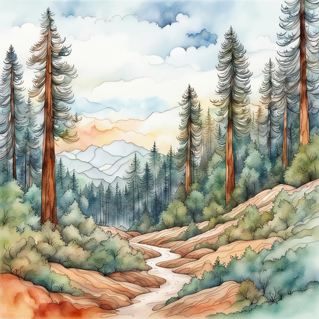 Sequoia Forest: Calligraphy-Style Single Line Art