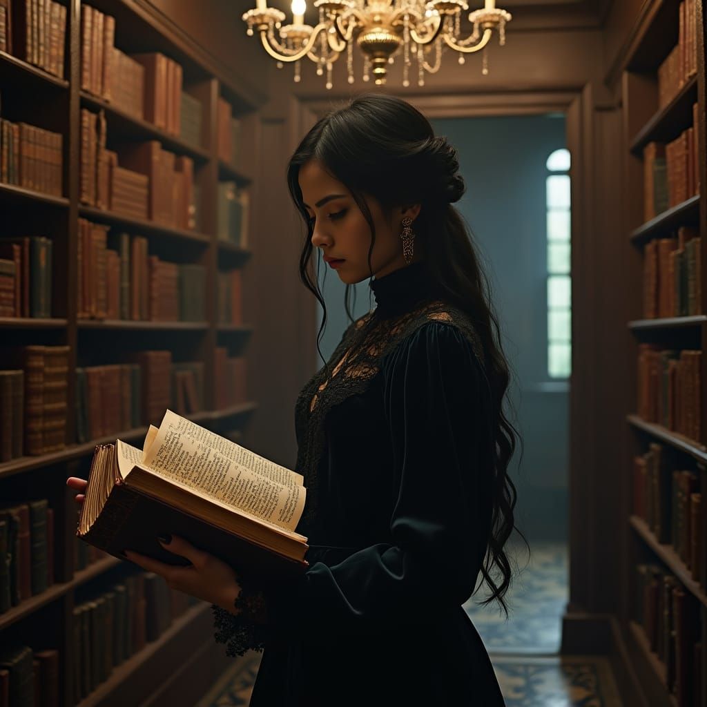 Victorian Woman in Library with Journal