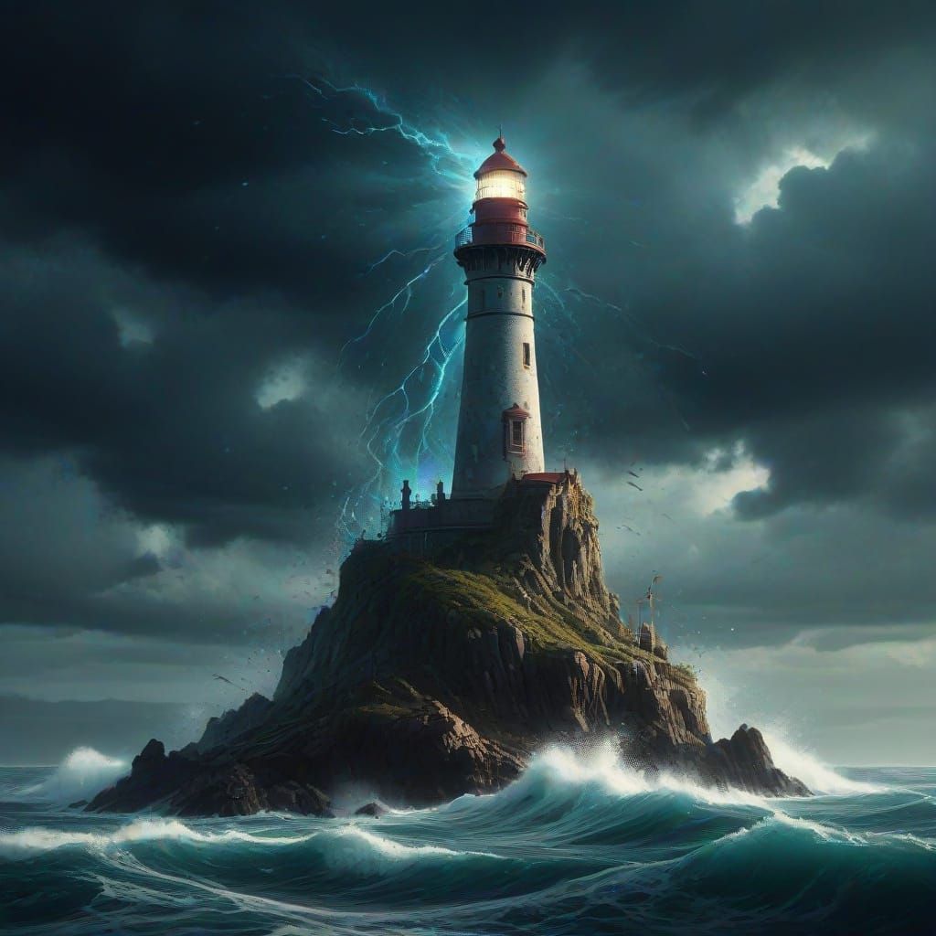 Defiant Lighthouse in Stormy Seas, Watercolour Art