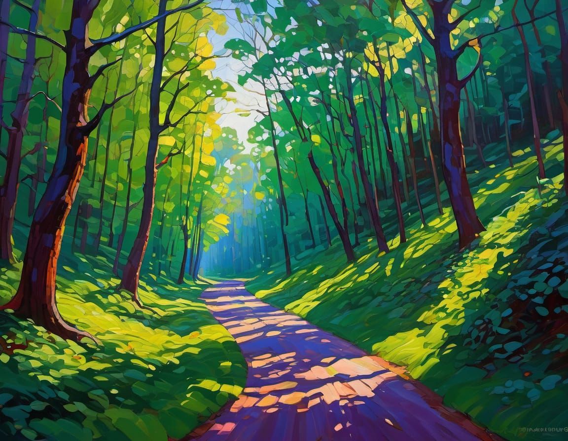 Winding Road Through Emerald Forest, Oil Painting