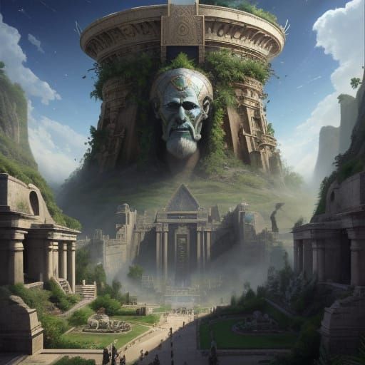 The Annunaki aliens such as Marduk descending over the Hanging Gardens of Babylon sci-fi prehistoricore