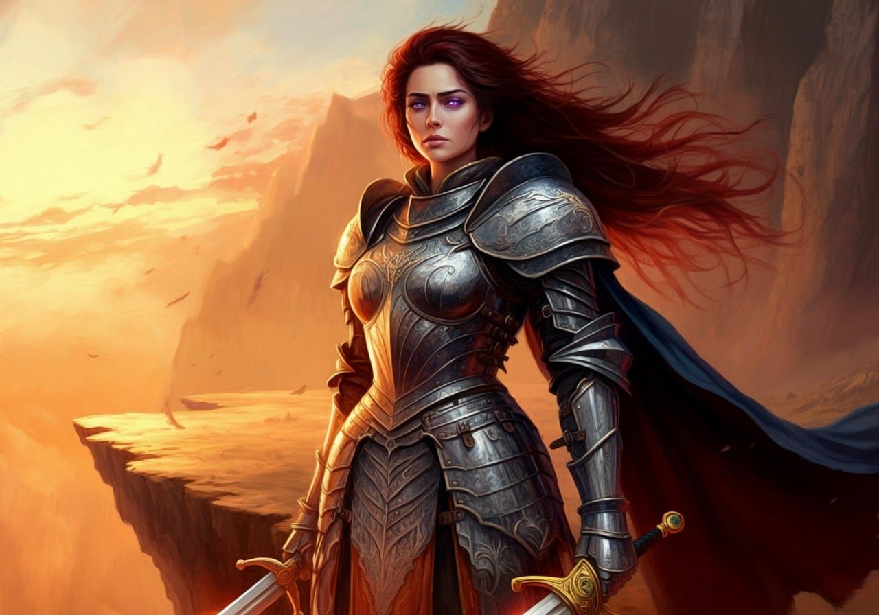 Noble Swordswoman in Exquisite Armor at Dusk