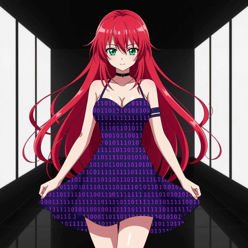Red-Haired Woman in Binary Code Dress