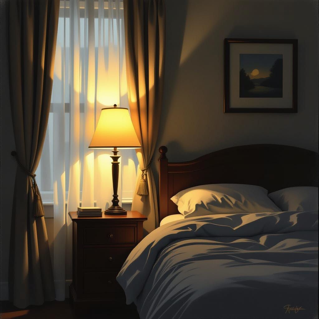 Cozy Bedroom in Warm Lamplight
