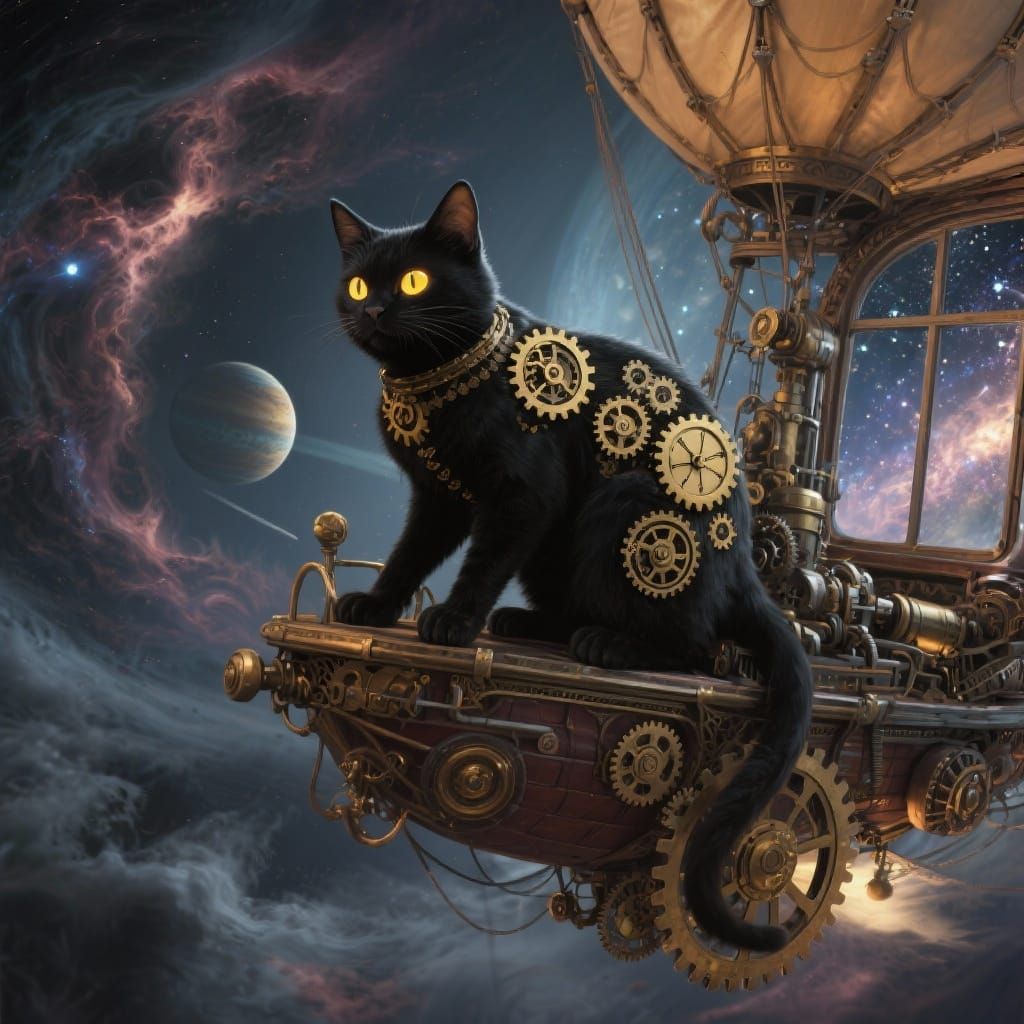 Clockwork Cat on Steampunk Airship in Cosmic Storm